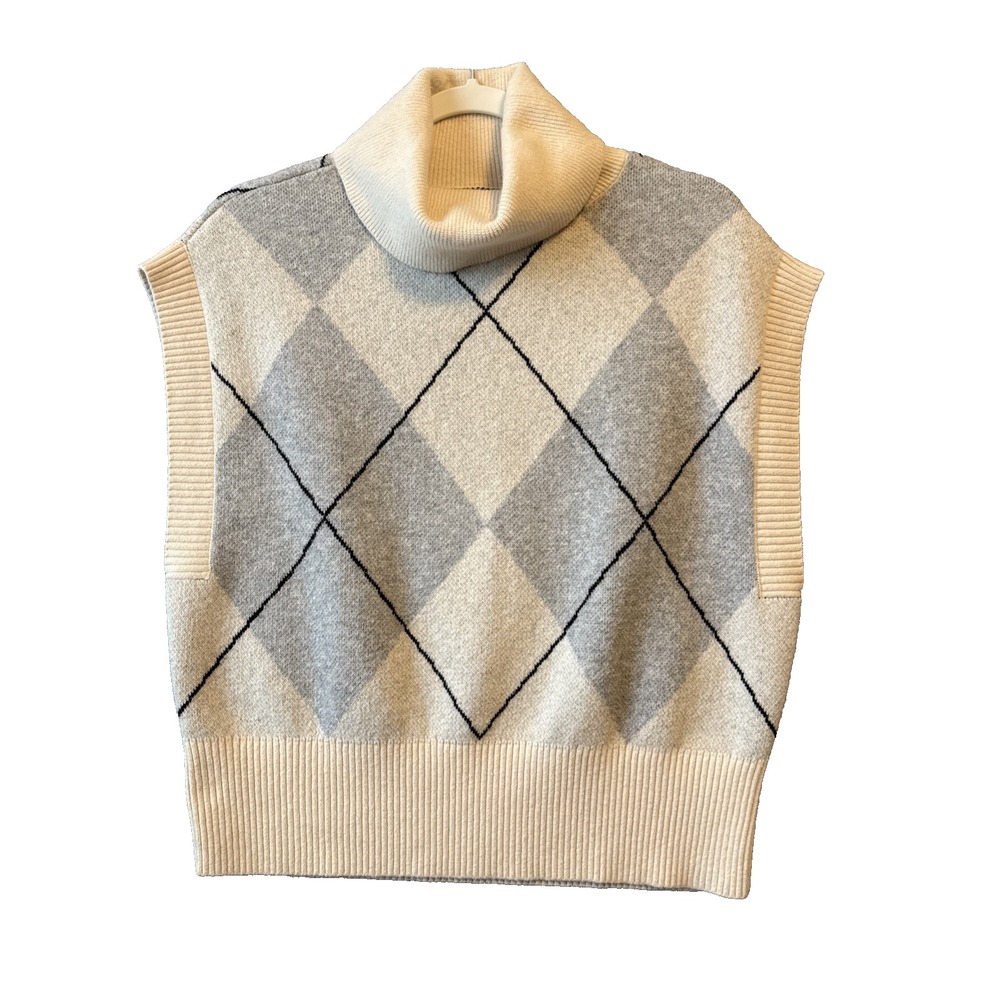 Loft Outlet Argyle Turtleneck Sweater Vest S Gray Cream Plaid Fall Cozy Preppy